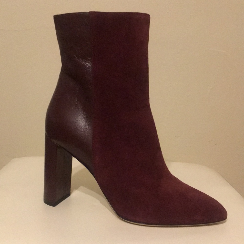 Burgundy suede and leather block heel bootie